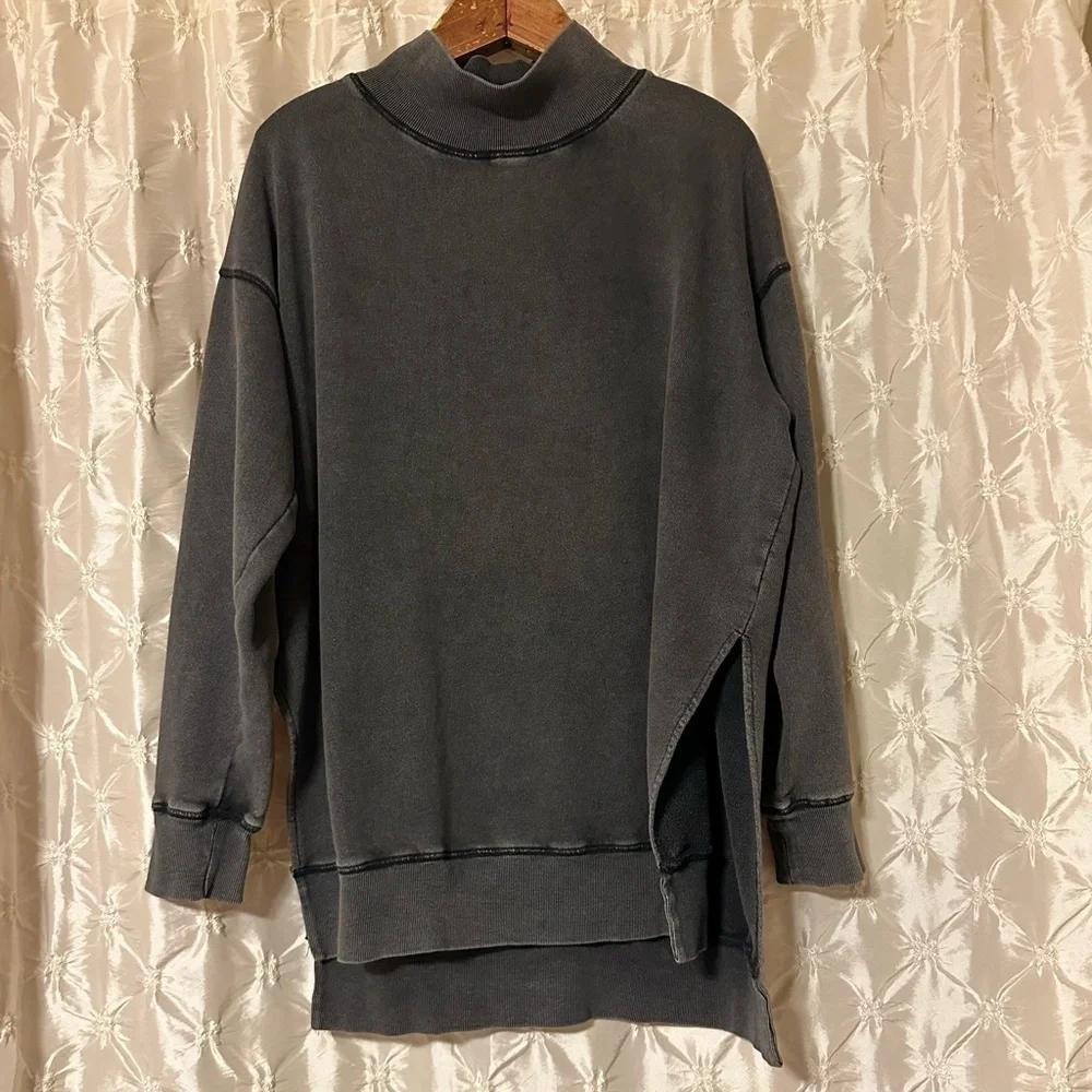 Free People Distressed Charcoal Gray Black Mock Neck Sweatshirt Tunic Side Slit
